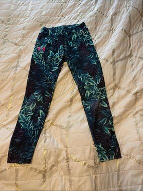 Under Armour Girls Navy Leggings with Teal Leaf Print